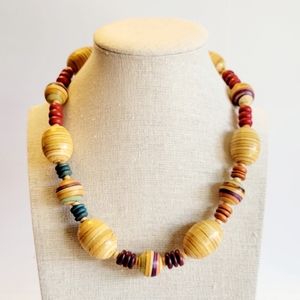 Wood Necklace, Bead Multicolor Folkart Necklace, EUC